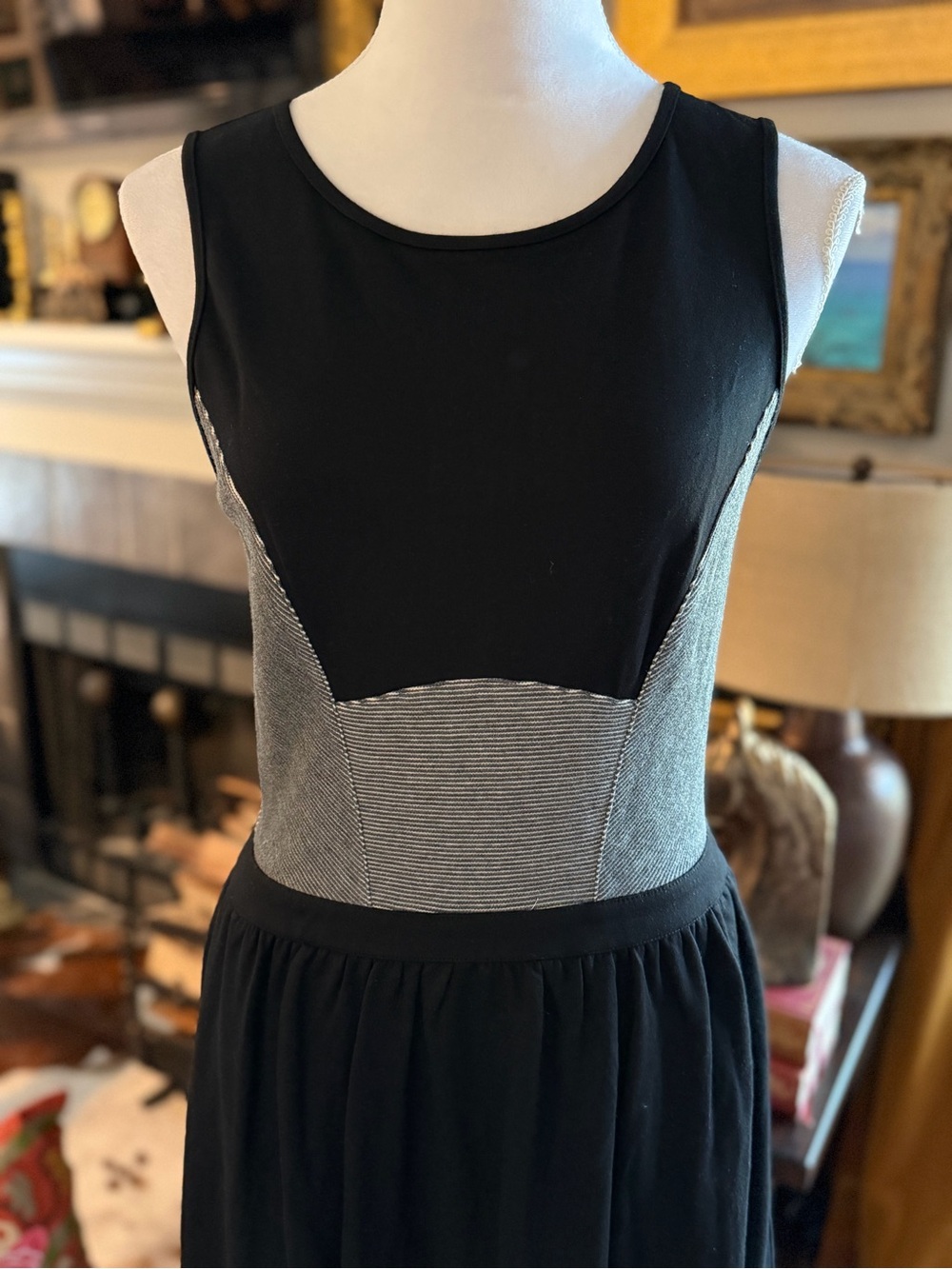 Tart for Anthropologie Black Dress with Gray Pinstripe Side Panels. Size Medium.
